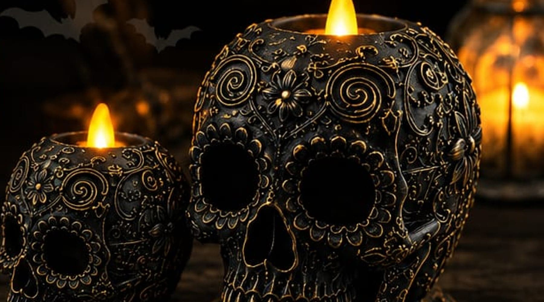 Zwei Totenkopf-Kerzenhalter in Schwarz mit Altgold-Akzenten, beide mit brennender LED-Kerze